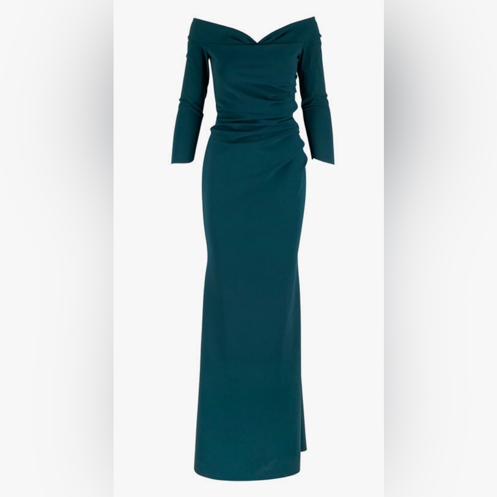 Chiara Boni Teal Off-Shoulder Long Sleeve Gown